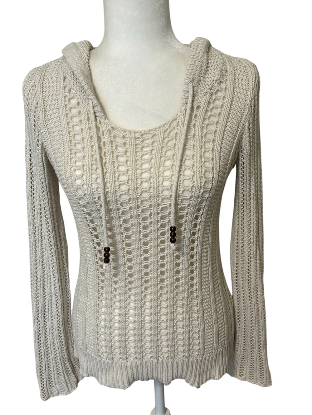 AMERICAN EAGLE OUTFITTERS Cream Open Weave Cotton Hooded Sweater Size Small